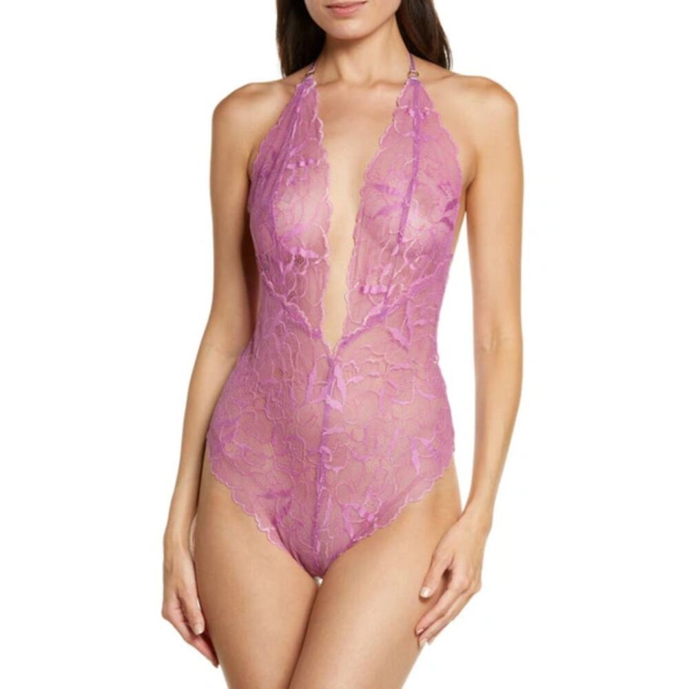 SUZY BLACK Coco Lingerie Bodysuit XL Rose Pink Lace Plunge V-Neck T-Back NWOT